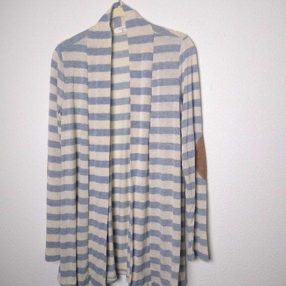 ALWAYS ME' Linen Blend Blue Striped Drape Front Elbow Patch Medium Cardigan - Picture 2 of 8